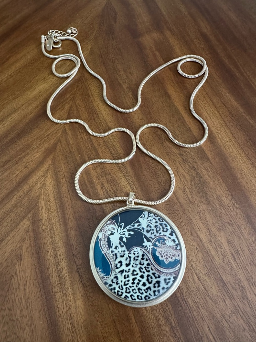CHICO'S Medallion Blue Teal Black Cream Gold Leopard Print, Reversible Signed